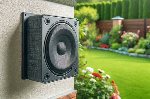 Nettoyer son enceinte extérieure est crucial Une enceinte accrochée à un mur dans un jardin