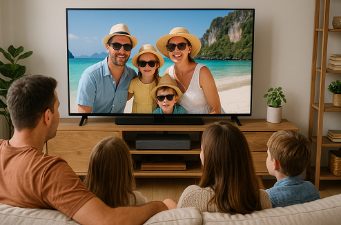 Une famille regarde ses photos de vacances sur son écran TV